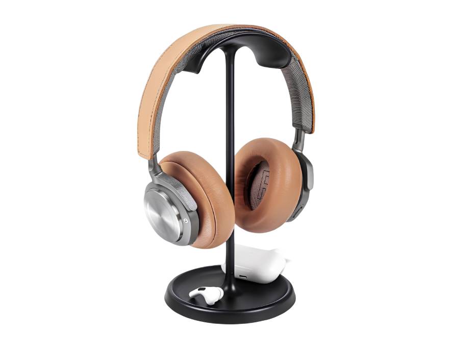 Headphone Stand, Curved Headset Stand with Round Storage Tray (Black)