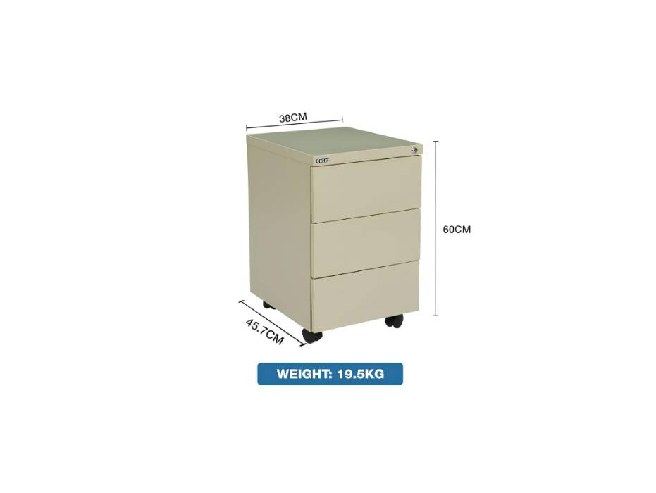 RIGID Steel Mobile Pedestal | 3 Drawer Under Desk Storage Unit with Lock | Modern Office Filing Cabinet with Wheels for Home, Office, Workstation Furniture, Beige