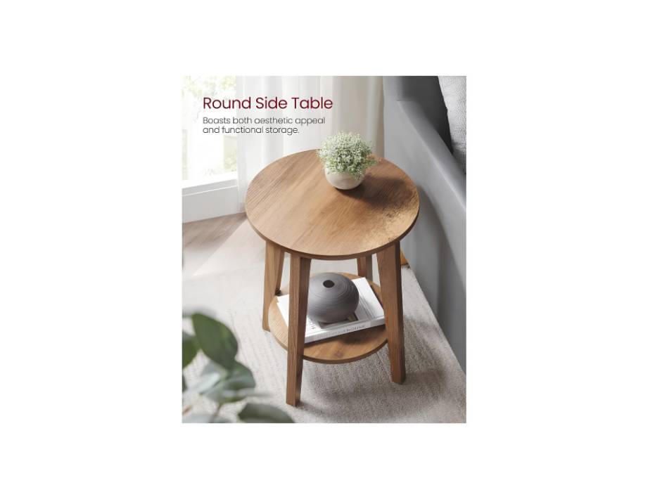 VASAGLE Round End Table with Lower Shelf, Nightstand for Small Spaces, 15.8 x15.8 x 19.7 Inches, Rustic Walnut
