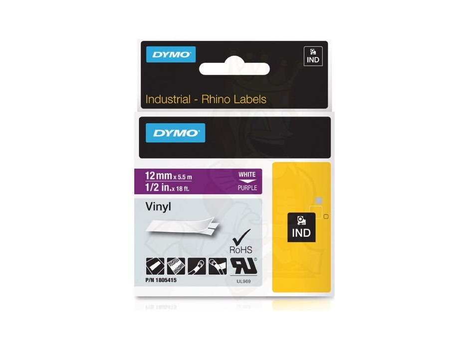 Dymo Rhino 1805415 Vinyl 12mm White on Purple Tape