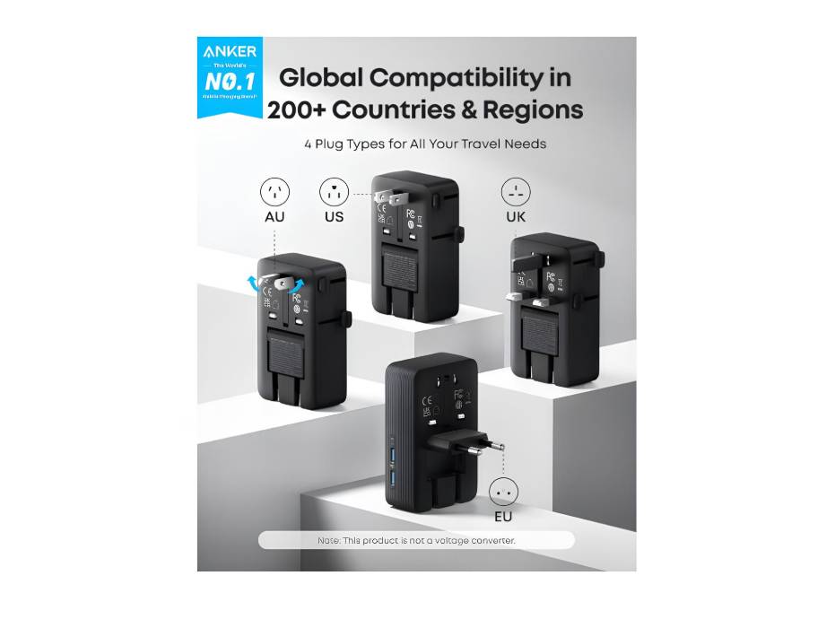 Anker Nano Travel Adapter, 5-Port Power Adapter with 1 AC, 2 USB-A, and 2 USB-C Ports, Smart Temperature Control