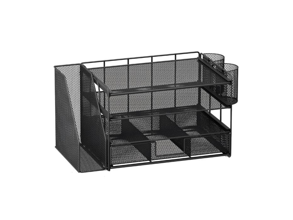 OPNICE Desk Accessories & Workspace Organizers with 2 pen holders, 4 Tier Paper Organizer - Black