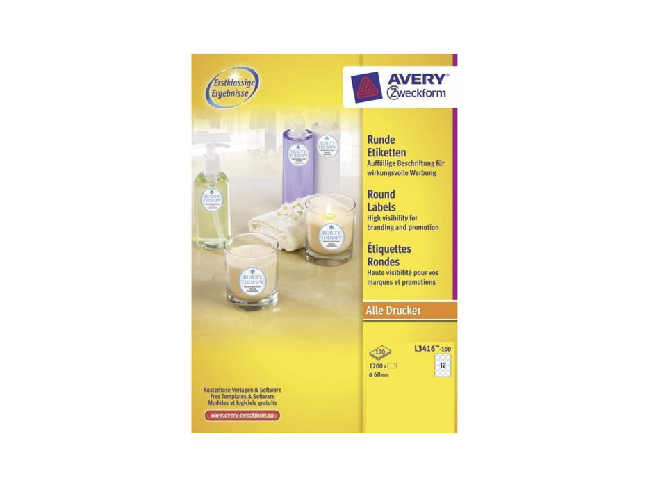 Avery L3416-100 Self-Adhesive Round Labels, 60mm, 12 Labels/Sheet (100 Sheets/pack)