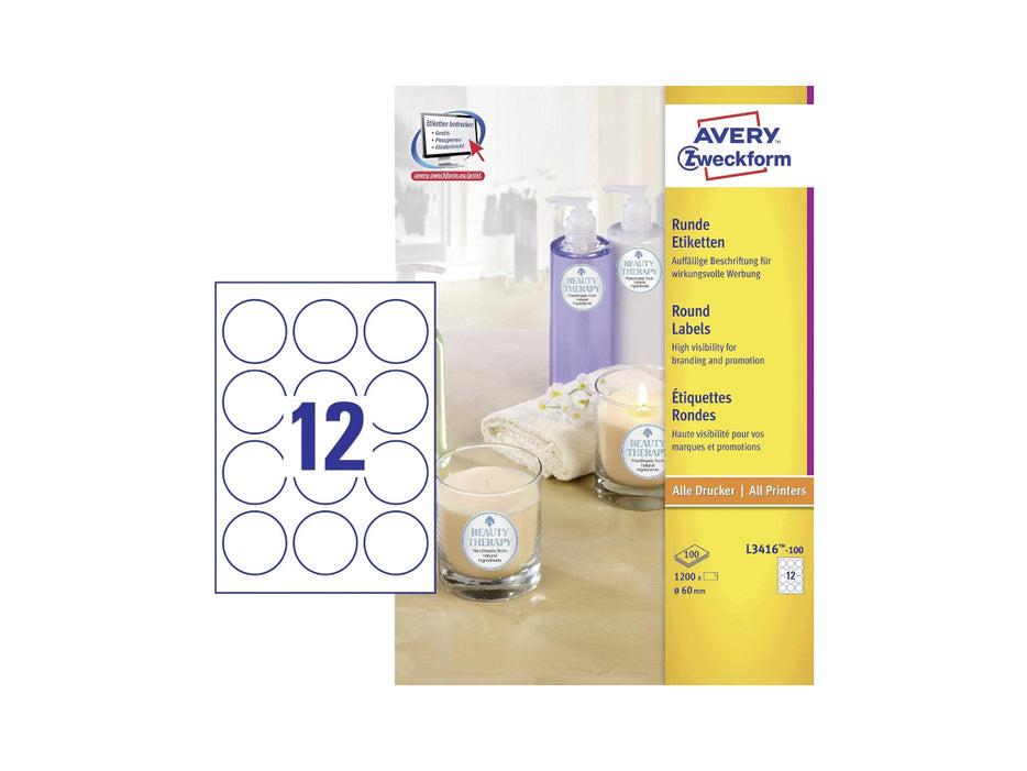 Avery L3416-100 Self-Adhesive Round Labels, 60mm, 12 Labels/Sheet (100 Sheets/pack)