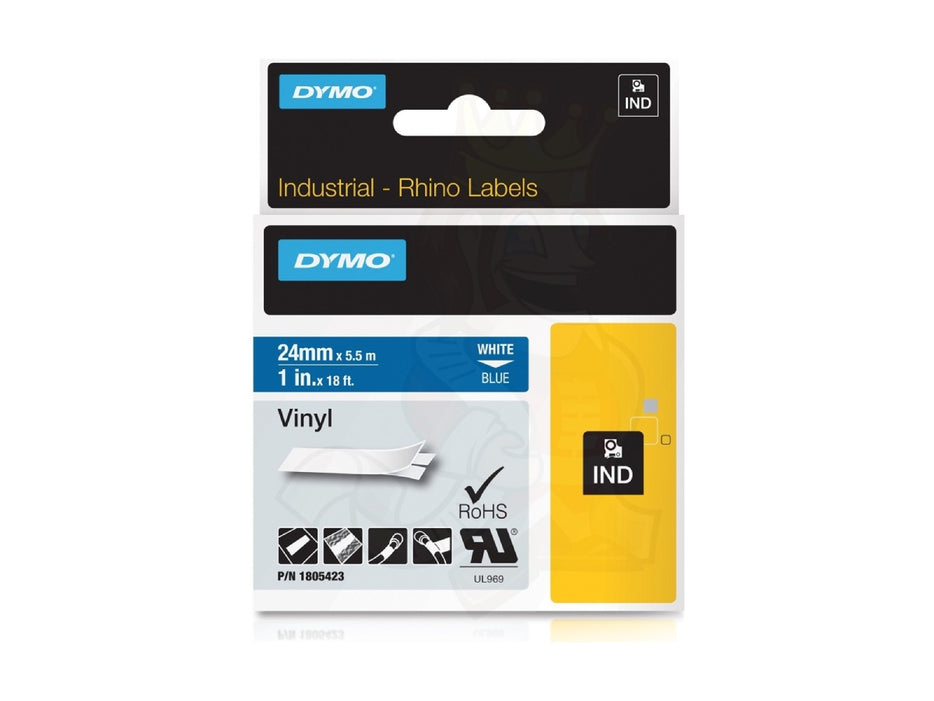 Dymo Rhino 1805423 Vinyl 24mm White on Blue Tape