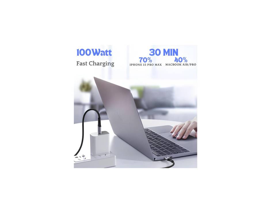 ZAUQ 100W PD 5A Fast Charge USB C to USB C Nylon Braided 2M Cable