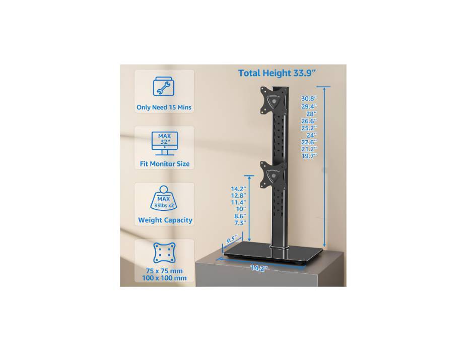 MOUNTUP Vertical Dual Monitor Stand, Stack Two Screens up to 32 inches, 33 Lbs, Free-Standing Monitor Desk Mount, Monitor Riser with Swivel, Tilt, Height Adjustable