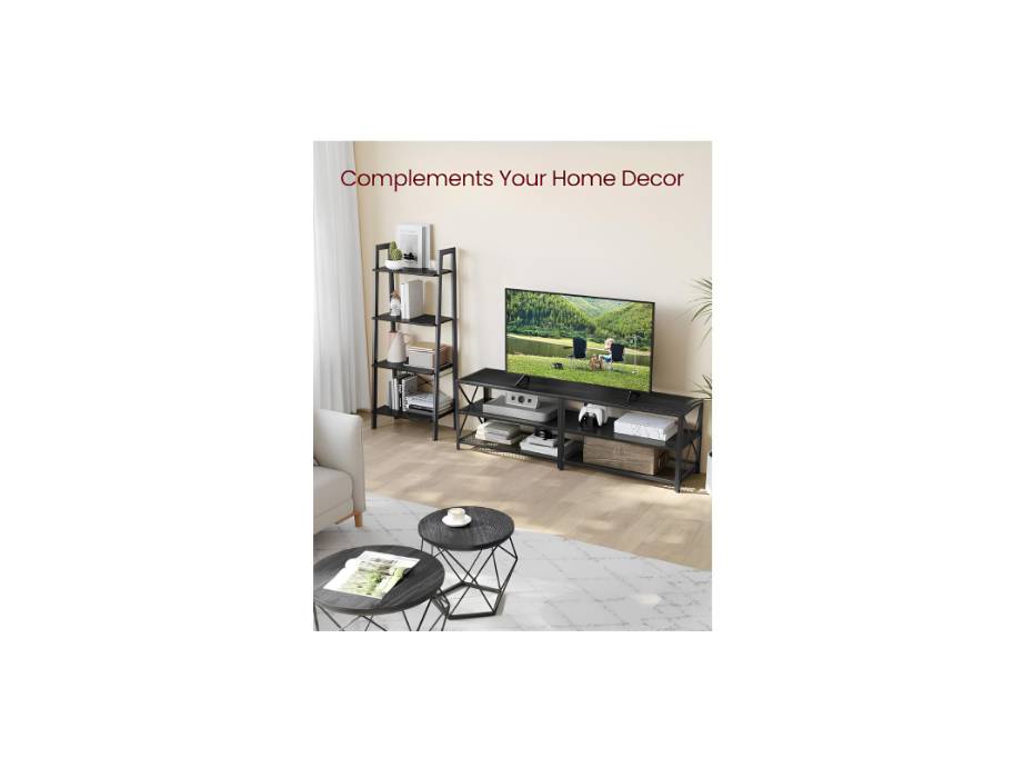 VASAGLE TV Stand, TV Console for TVs Up to 70 Inches, TV Table, 63 Inches Width, TV Cabinet with Storage Shelves, Steel Frame, for Living Room, Bedroom, Black with Wood Grain