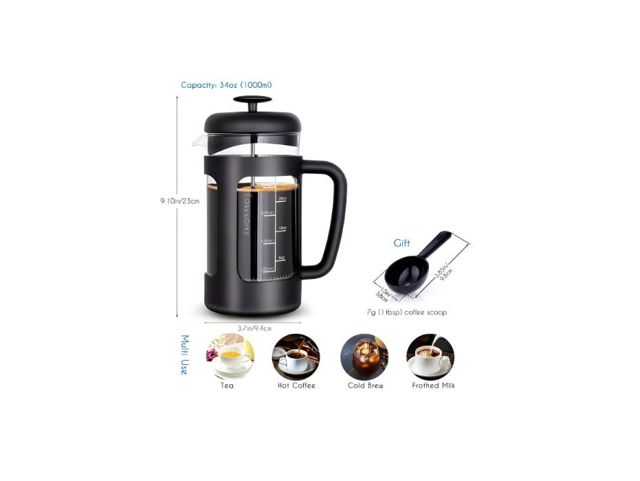 French Press 1000ml Cafetiere Coffee Tea Maker with Borosilicate Glass, Soft Grip Handle
