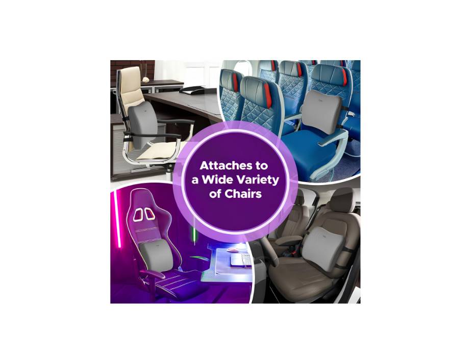 Frido Lumbar Back Support Pillow, Office Chair Cushion, Improves Posture, Gel Infused Memory Foam Orthopedic Cushion For Cooling, With Air Flow Vents, Adjustable Dual Straps (Grey)