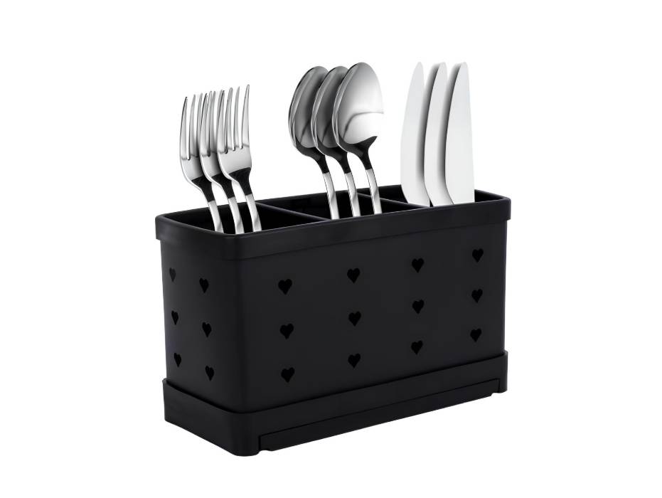 Stainless Steel Utensil Holder, 3 Compartments, 20.2L x 12.5W x 9H, Black
