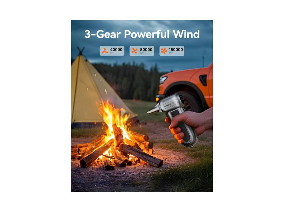 WOLFBOX Electric Air Duster MegaFlow100 with 150000RPM super power, 3-Speed adjustable, Cordless, Rechargeable brushless motor durable blower