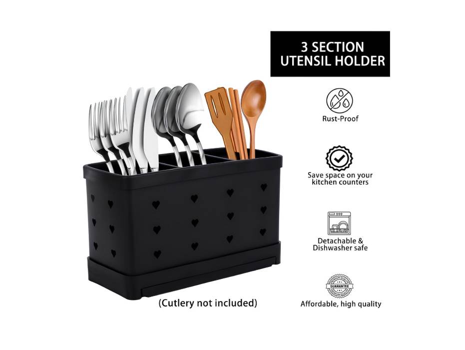 Stainless Steel Utensil Holder, 3 Compartments, 20.2L x 12.5W x 9H, Black