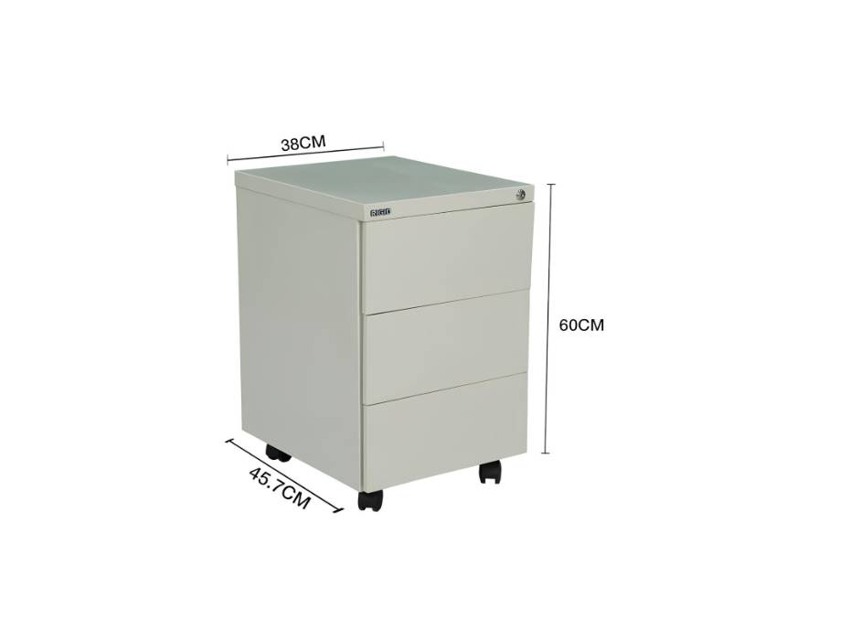 RIGID Steel Mobile Pedestal | 3 Drawer Under Desk Storage Unit with Lock | Modern Office Filing Cabinet with Wheels for Home, Office, Workstation Furniture, Grey