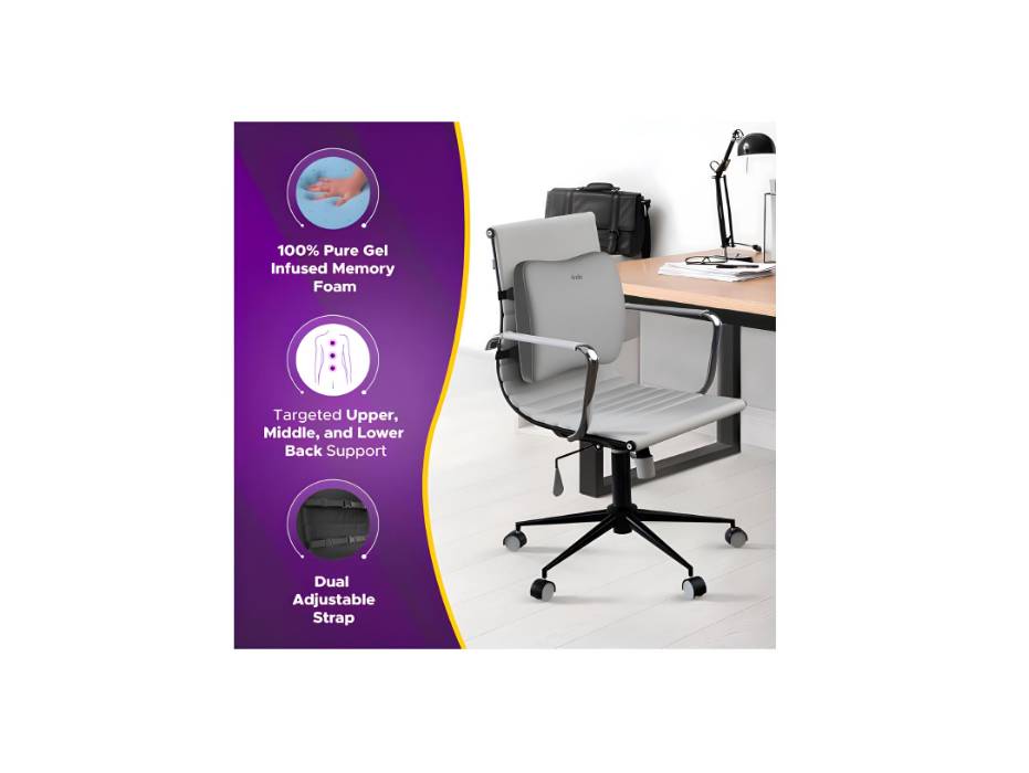 Frido Lumbar Back Support Pillow, Office Chair Cushion, Improves Posture, Gel Infused Memory Foam Orthopedic Cushion For Cooling, With Air Flow Vents, Adjustable Dual Straps (Grey)