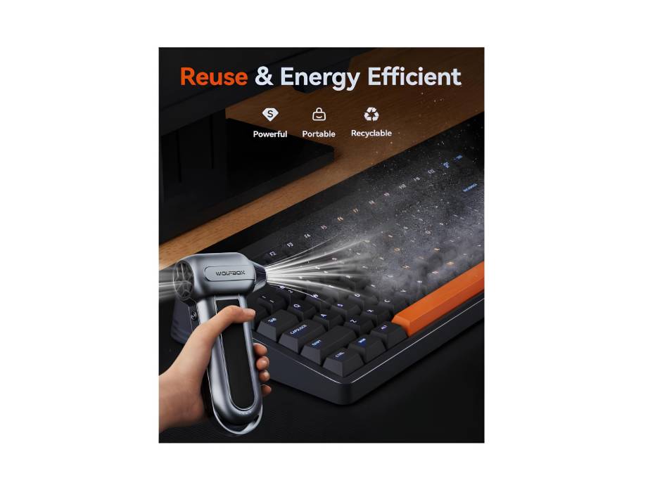 WOLFBOX Electric Air Duster MegaFlow100 with 150000RPM super power, 3-Speed adjustable, Cordless, Rechargeable brushless motor durable blower