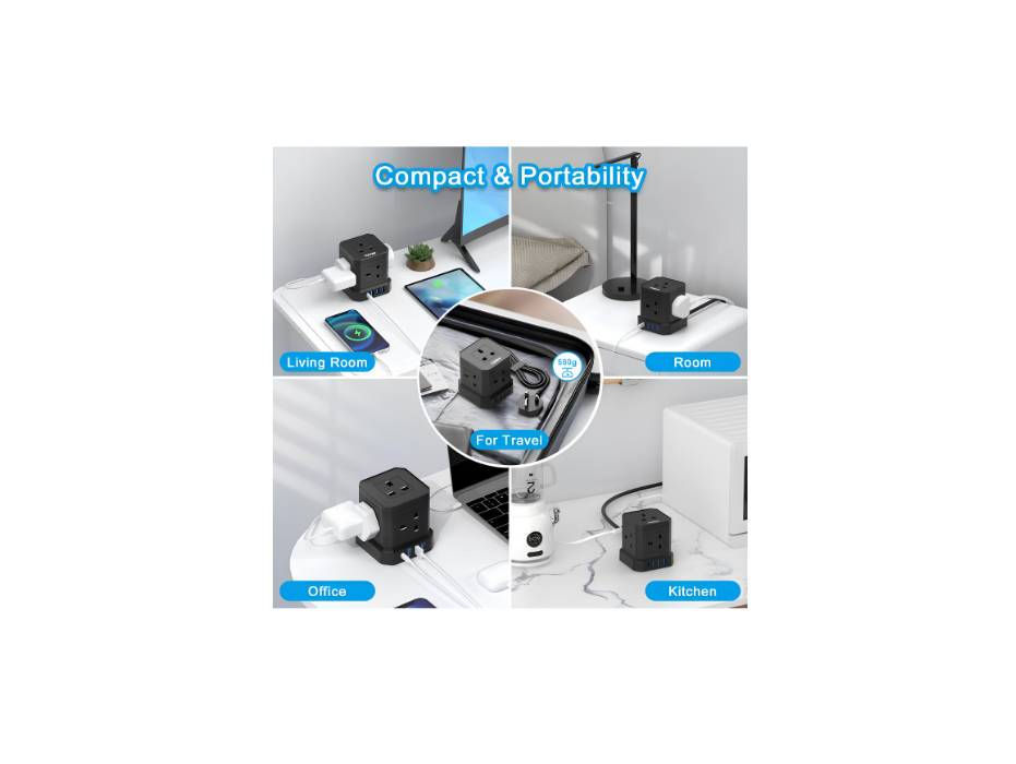 TOPREK Cube Extension Lead with USB Slots, 5 Way Power Strip with 5 AC Outlet 4 USB (USB-C 20W PD3.0 Fast Charger) 1 Switch, 2M Extension Cord