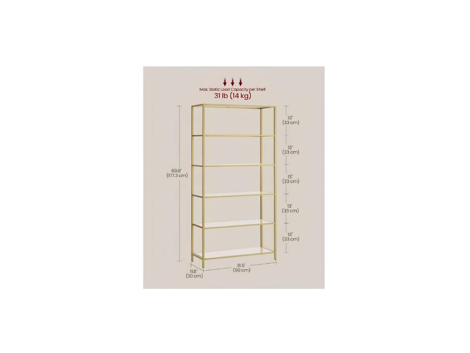 VASAGLE Bookcase, 6-Tier Bookcase, Slim Shelf for Bedroom, Bathroom, Home Office, Tempered Glass, Steel Frame, Metallic Gold