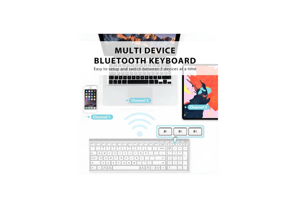 iClever Bluetooth Keyboard BK10, Multi Device Keyboard Rechargeable with Number Pad Ergonomic Design Full Size, Silver