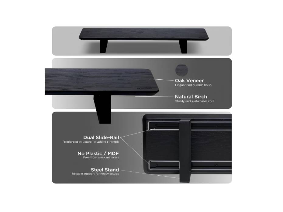 Moodular Wooden Monitor Stand 33.4” (85cm) Desk Organizer with Metal Slide Rails for Drawer, Tray, Laptop, Tablet, Phone & Headphones, Black MS85-B