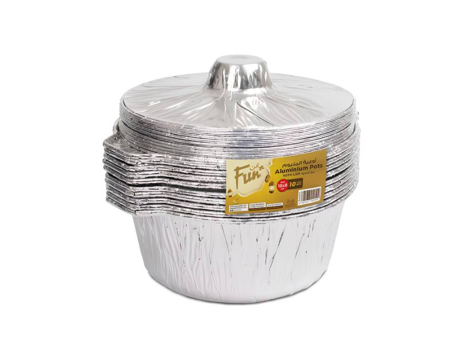 Aluminium Round Pots 18x8cm with Lids, Pack of 10