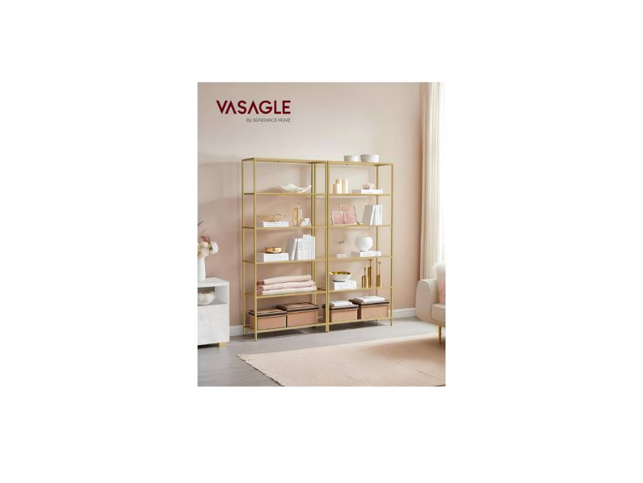 VASAGLE Bookcase, 6-Tier Bookcase, Slim Shelf for Bedroom, Bathroom, Home Office, Tempered Glass, Steel Frame, Metallic Gold