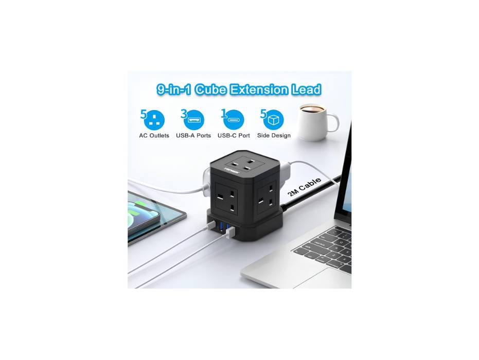 TOPREK Cube Extension Lead with USB Slots, 5 Way Power Strip with 5 AC Outlet 4 USB (USB-C 20W PD3.0 Fast Charger) 1 Switch, 2M Extension Cord