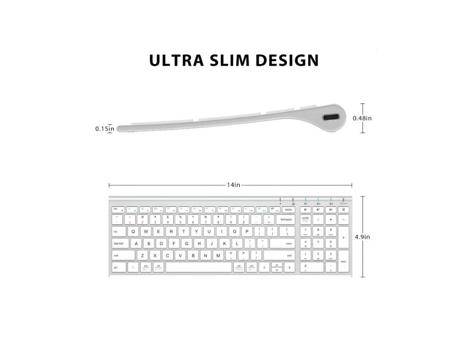 iClever Bluetooth Keyboard BK10, Multi Device Keyboard Rechargeable with Number Pad Ergonomic Design Full Size, Silver