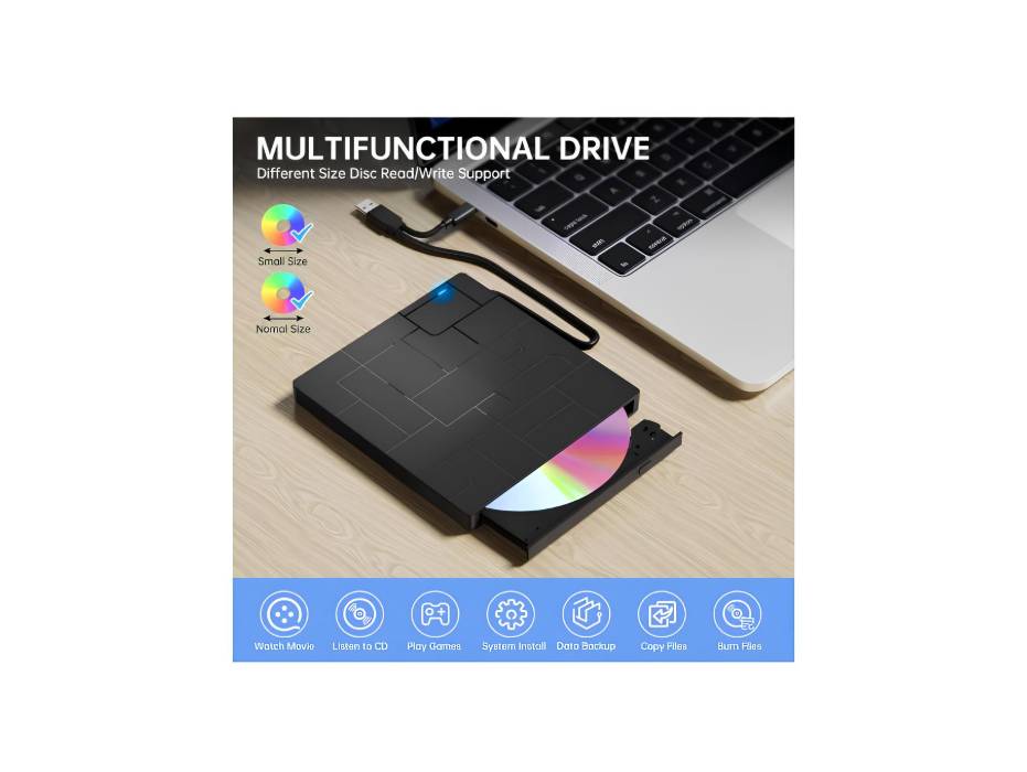 External DVD Drive, USB 3.0 Type-C CD Burner, 4 USB Ports and 2 SD Card Slots, Compatible with Windows Linux Mac OS