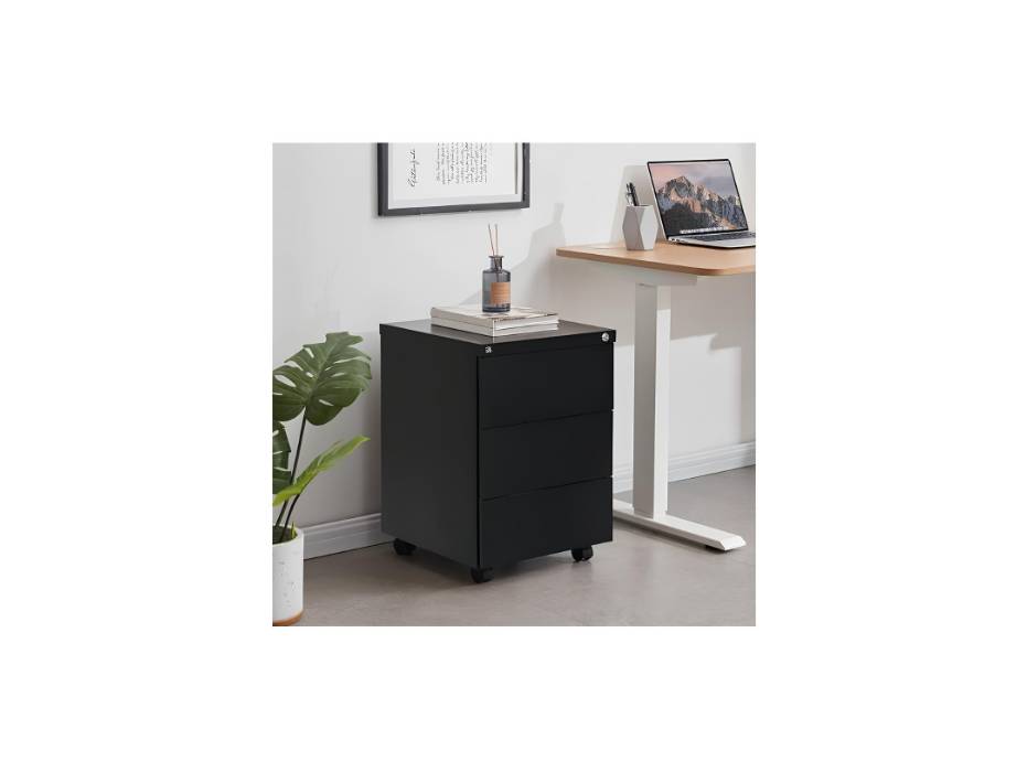 RIGID Steel Mobile Pedestal | 3 Drawer Under Desk Storage Unit with Lock | Modern Office Filing Cabinet with Wheels for Home, Office, Workstation Furniture, Black