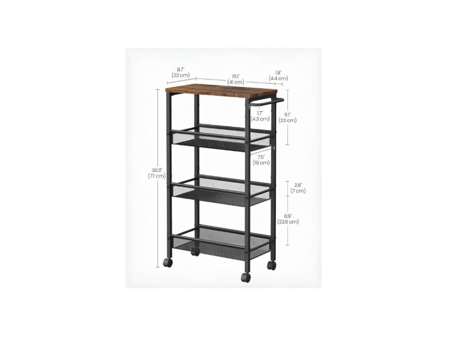 VASAGLE Slim Rolling Cart, 4-Tier Storage Cart, Narrow Cart with Handle for Kitchen, Dining Room, Living Room, Home Office, Rustic Brown and Classic Black