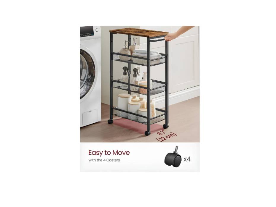 VASAGLE Slim Rolling Cart, 4-Tier Storage Cart, Narrow Cart with Handle for Kitchen, Dining Room, Living Room, Home Office, Rustic Brown and Classic Black