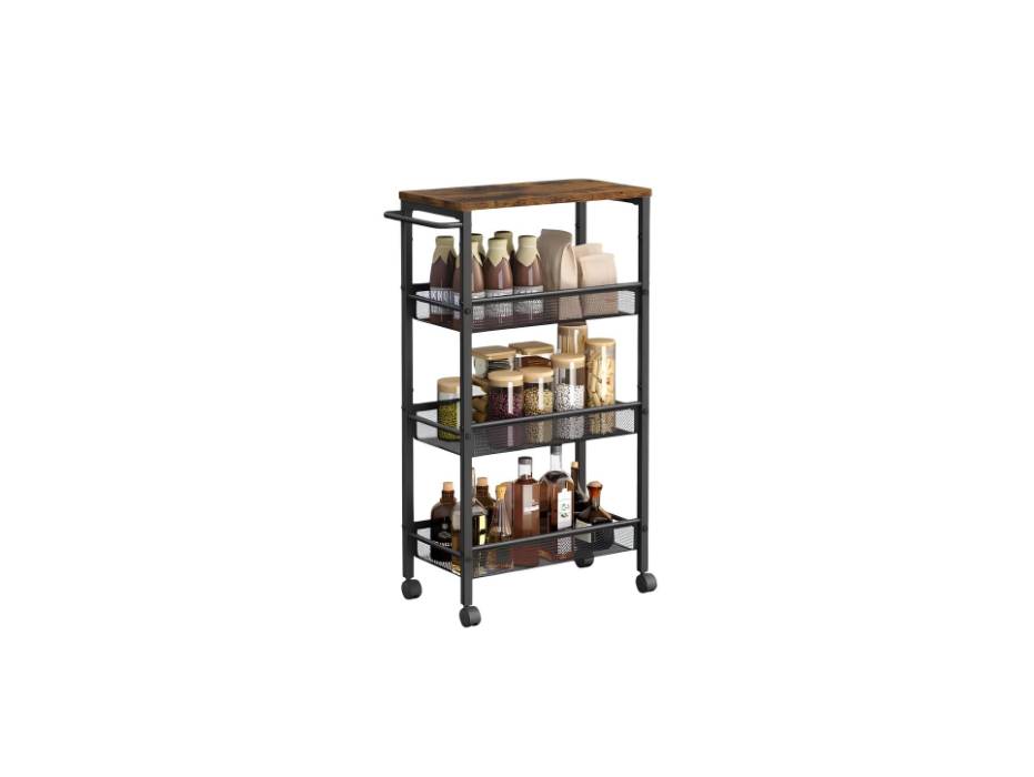 VASAGLE Slim Rolling Cart, 4-Tier Storage Cart, Narrow Cart with Handle for Kitchen, Dining Room, Living Room, Home Office, Rustic Brown and Classic Black