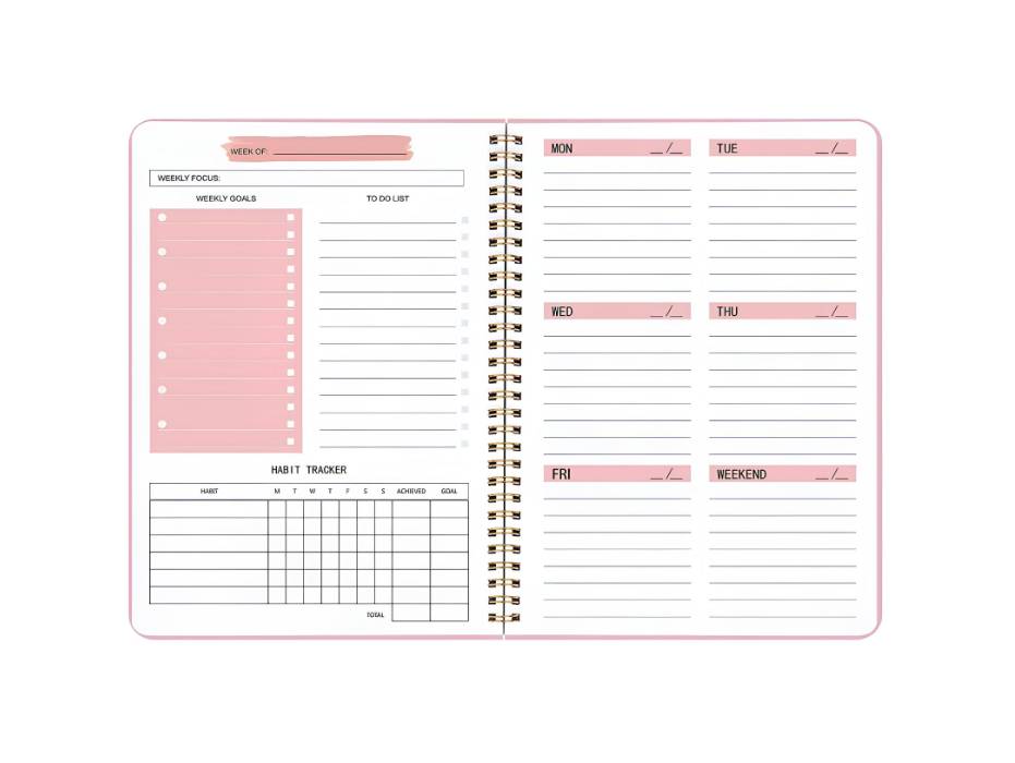 Undated Weekly Planner Notebook, Spiral Binding, A5, 8.3" x 5.8" - Pink