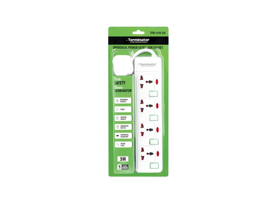 Terminator 4 Way Universal Power Extension Socket With Green Border Switches & Indicators 3M 13A - TPB 414N-3M