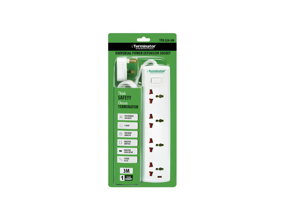 Terminator 4 Way Universal Power Extension Socket With Master Switch, Indicator and 3M Cable - TPB 524-3M | Dubai & Abu Dhabi, UAE | Altimus.Office
