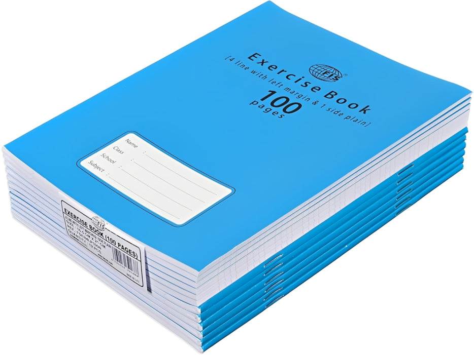 FIS Exercise Book, 165x210, 50sheets, 100pages, 4 Line with Left Margin, 12pcs/pack, Neon Blue Cover