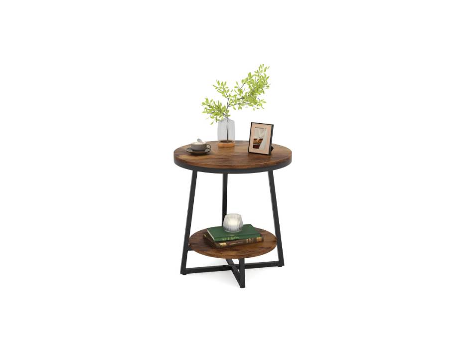 Tribesigns End Table, 2 Tier Round Side Table with Storage Shelf, Industrial Nightstand Bedside Table Coffee Accent Table for Living Room Bedroom Small Space, Rustic Brown