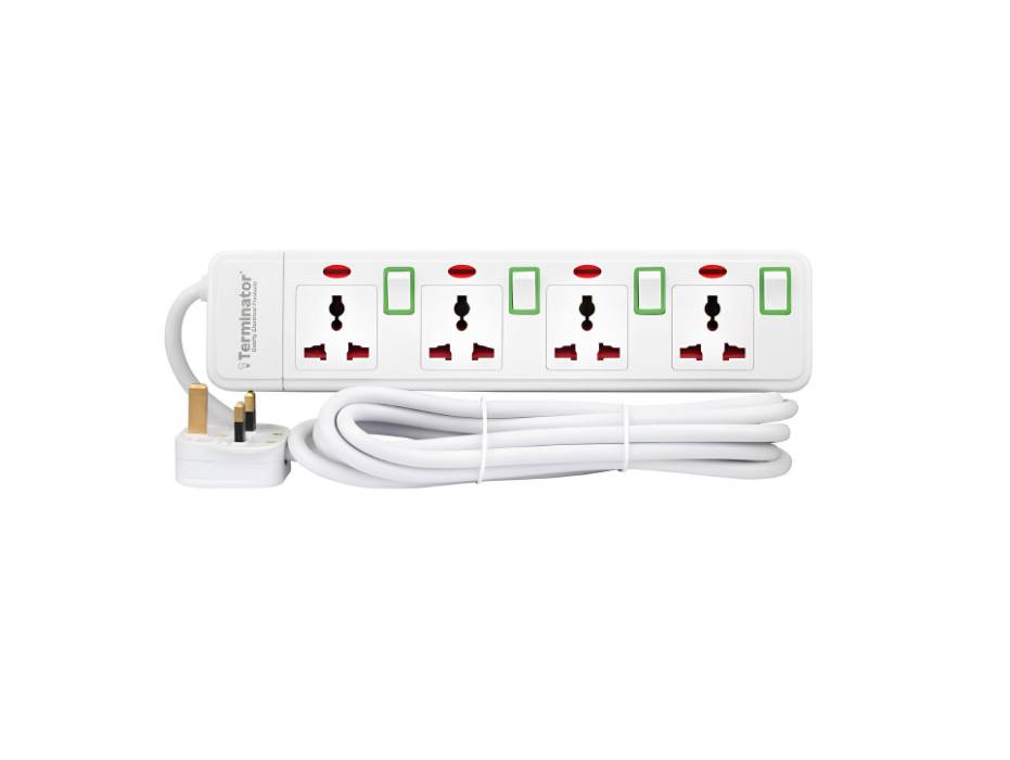 Terminator 4 Way Universal Power Extension Socket With Green Border Switches & Indicators 3M 13A - TPB 414N-3M