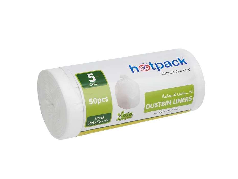 Hotpack Dust Bin Liner Bag Roll, 5 Gallons, White, 50pcs/pack