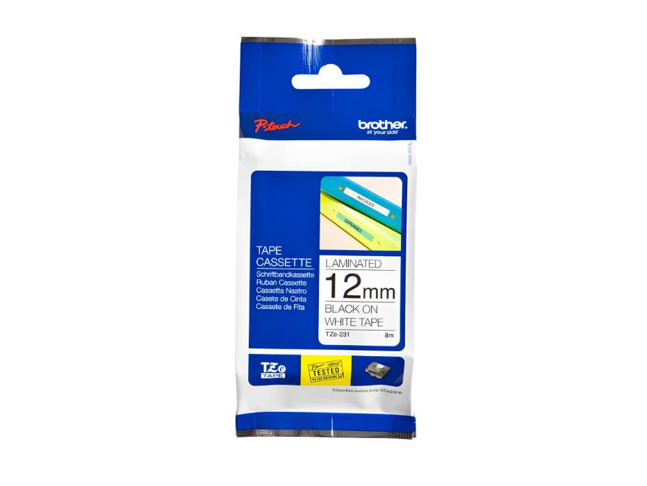 Brother P-touch 12mm TZ-231 Laminated Tape, 8m, Black on White