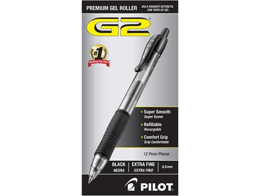 Pilot G2 Retractable Gel Roller Ball Pen, 0.5mm, Extra Fine Point, Black (Pack of 12) - Altimus