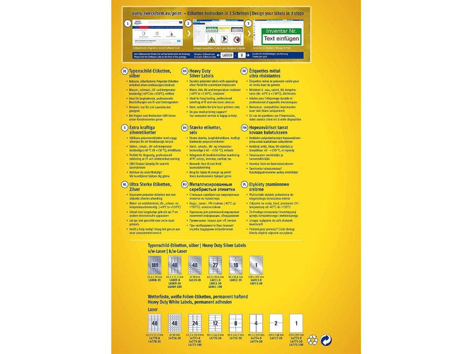 Avery L6013-20 Extra-Strong Adhesive Silver Heavy Duty Labels, 1 Label/Sheet, 20labels/pack - Altimus