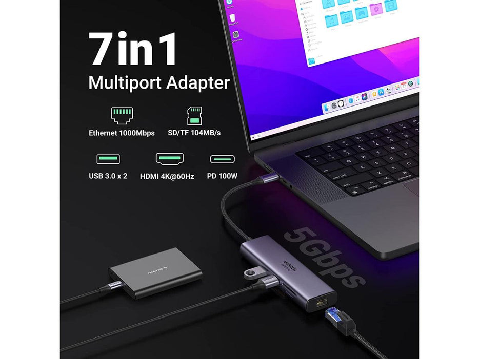 UGREEN 7-in-1 USB C Hub 4K@60Hz Type C to HDMI Dongle with Gigabit Ethernet, USB 3.0 Ports, 100W Power - Altimus