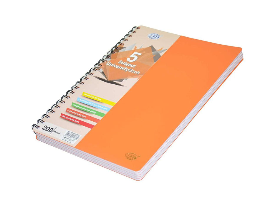 University Book, 5 Subject, A4, PP Neon Hard Cover, 200/Sheets, Saffron - FSUB5SPPSA - Altimus