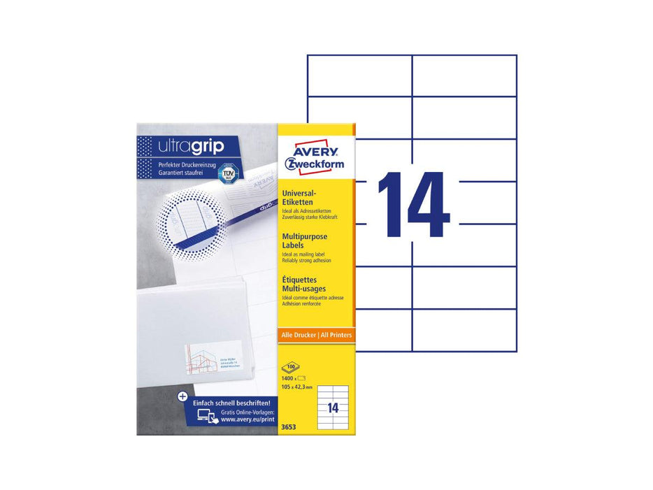 Avery 3653 Self Adhesive Multi-Purpose Labels, 105 x 42.3mm, 14labels/sheet, 100sheets/pack - Altimus