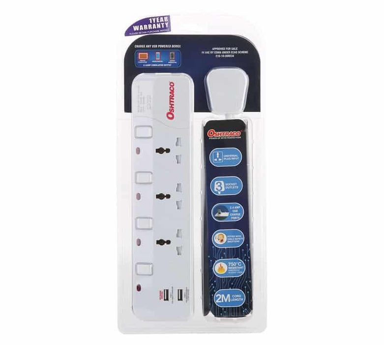 Oshtraco 3 Way Universal Extension 2 Meter + 2.4 Amp USB x 2 - White (OTC-3313SN-2M) - Altimus