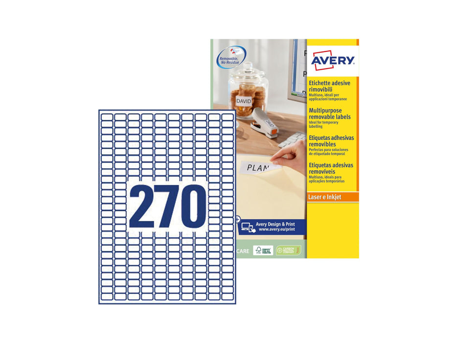 Avery L4730REV-25 Self-Adhesive Removable Mini Labels, 270 Labels Per A4 Sheet, 17.8 x 10 mm