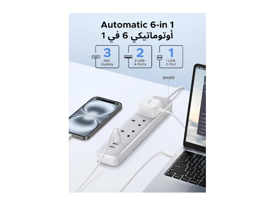 UGREEN GaN 6-in-1 Surge Protector Power Strip with PD30W USB-C (2A1C), Overload/Short-Circuit/Overheat Protection Extension Cord with 3 AC Outlet, 2M
