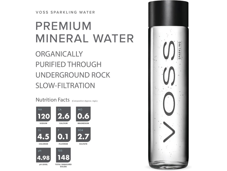 Voss Premium Sparkling Water Glass Bottles, 24 x 375ml